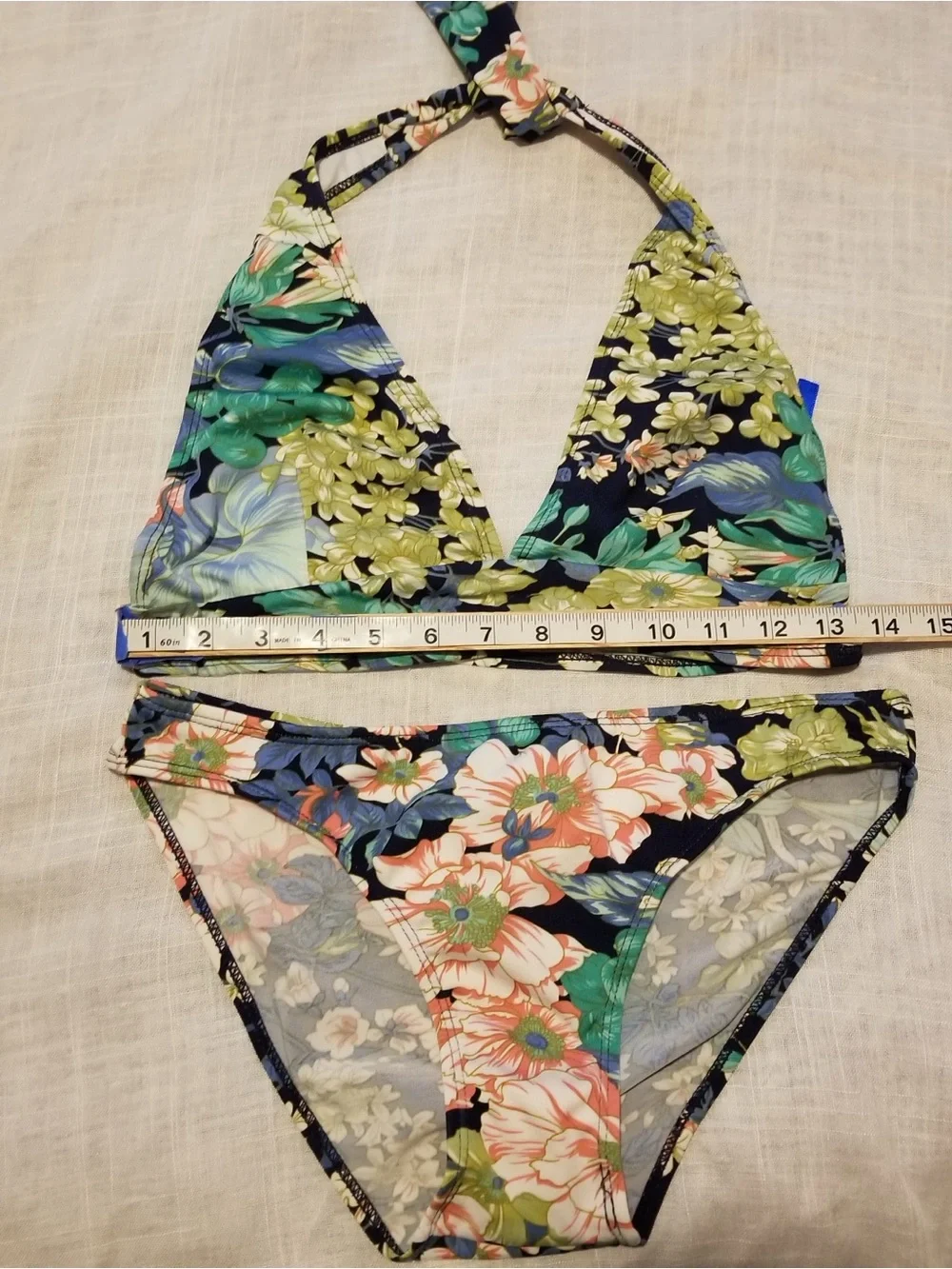Prestige Kid’s Large Navy Two-Piece Bikini Set With A Multicolor Floral Pattern
